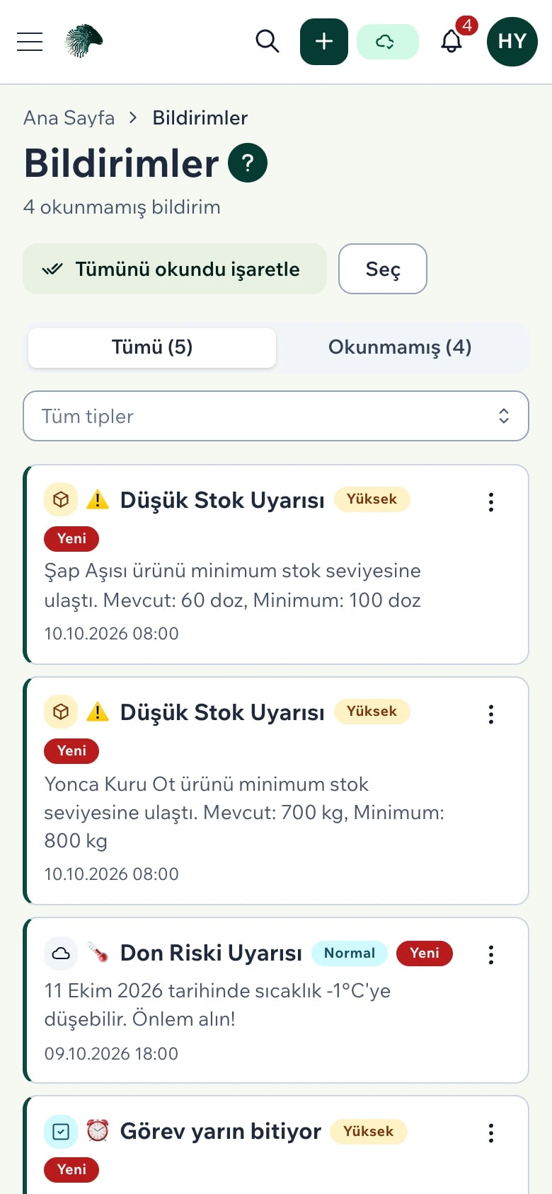 Bildirimler: görev hatırlatması, düşük stok ve hava durumu uyarıları