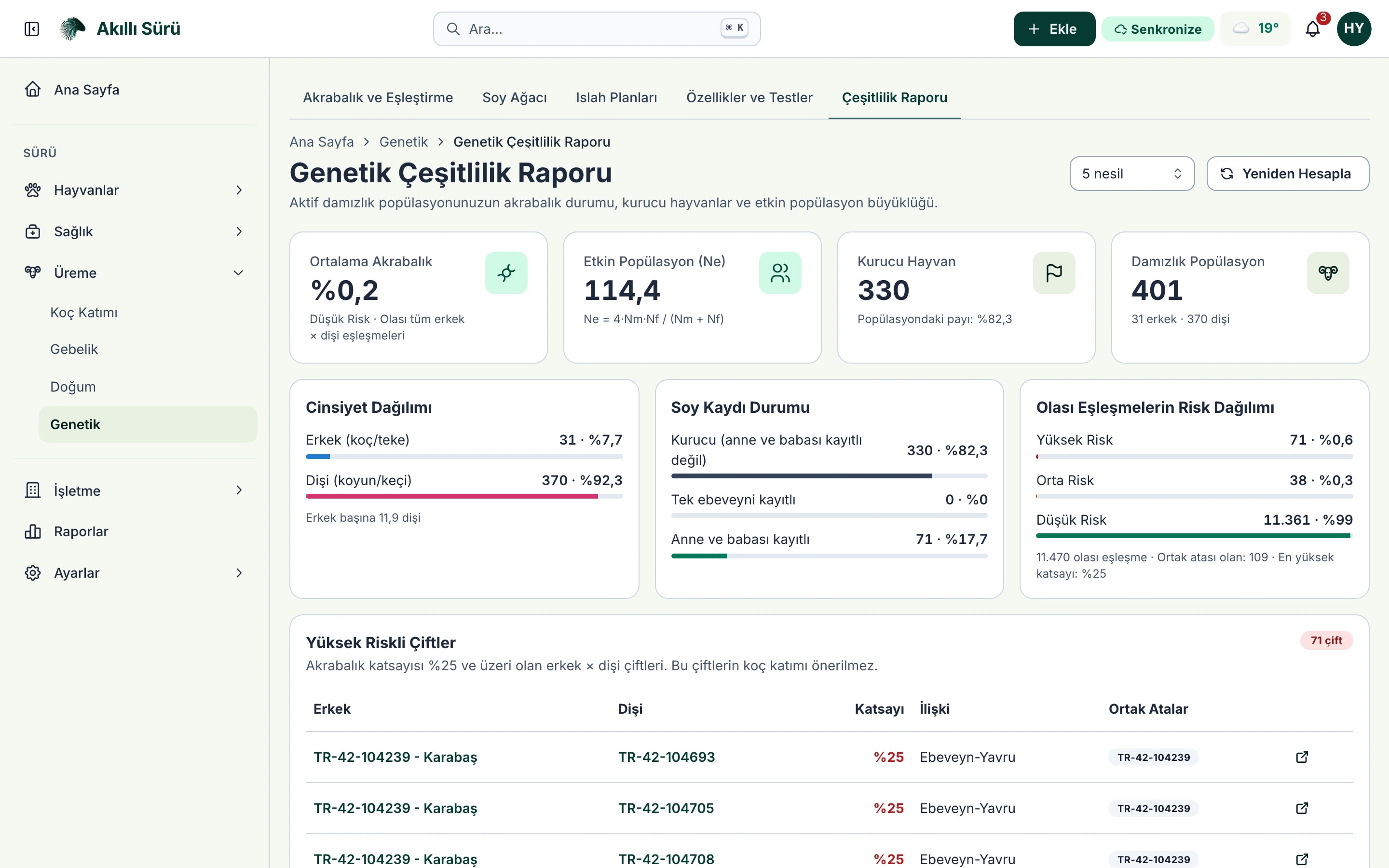 Akıllı Sürü genetik çeşitlilik raporu: ortalama akrabalık, risk dağılımı ve yüksek riskli çiftler