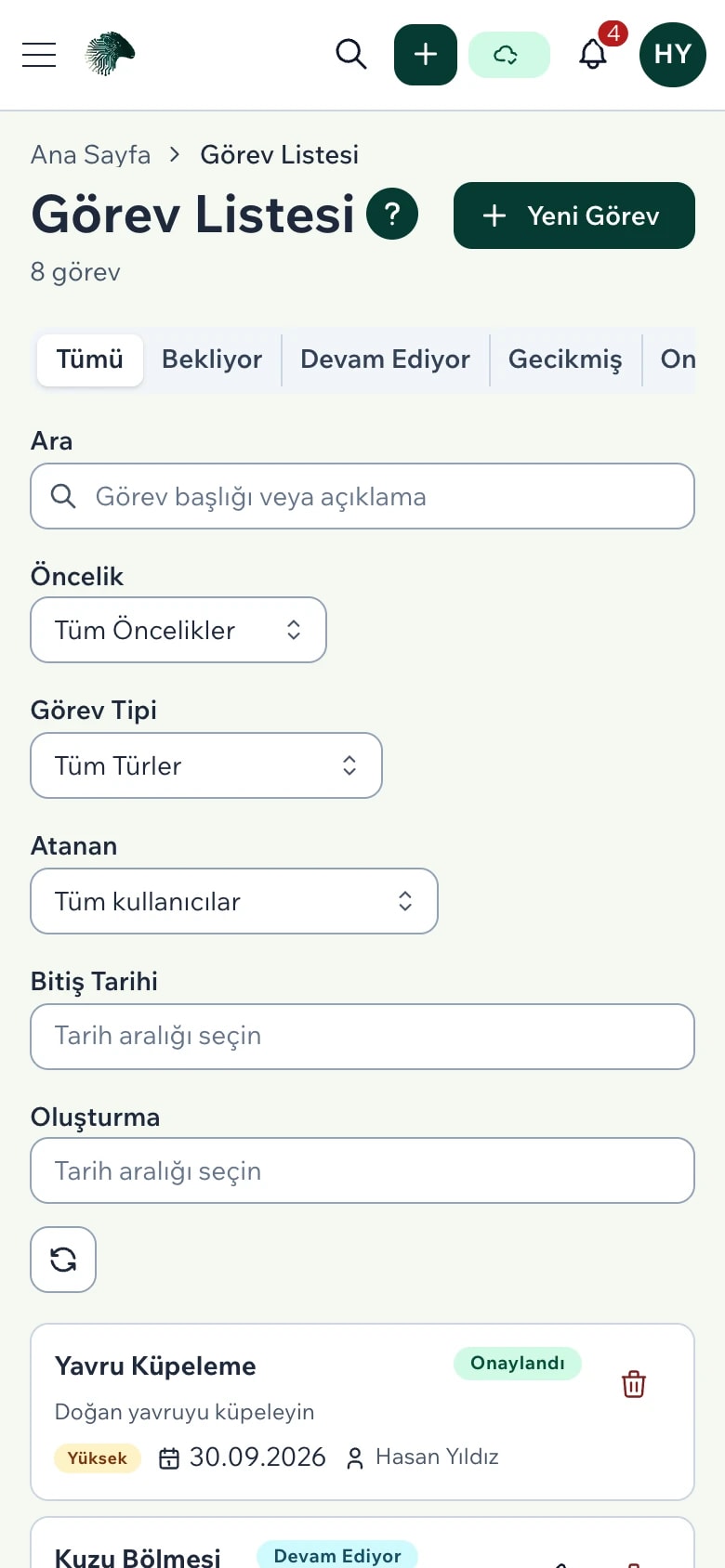 Görev listesi: öncelik, durum, atanan kişi ve bitiş tarihi