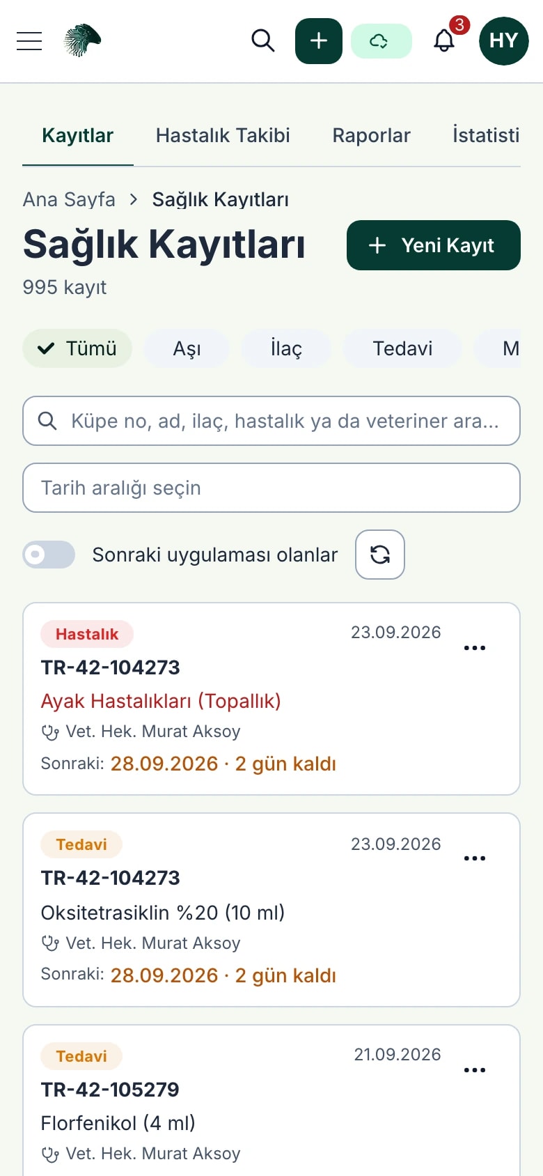 Akıllı Sürü sağlık kayıtları: aşı, tedavi ve muayene geçmişi