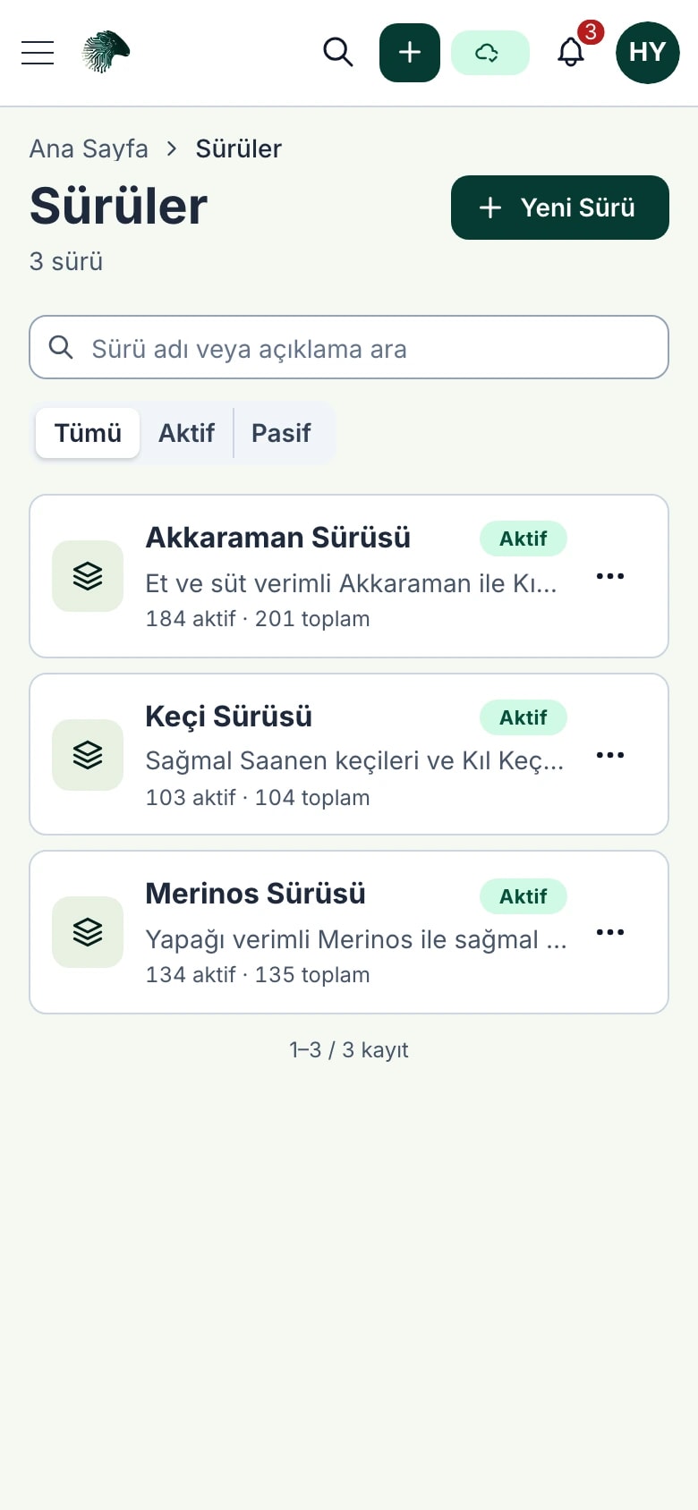 Akıllı Sürü sürü listesi: sürülerin aktif ve toplam hayvan sayıları