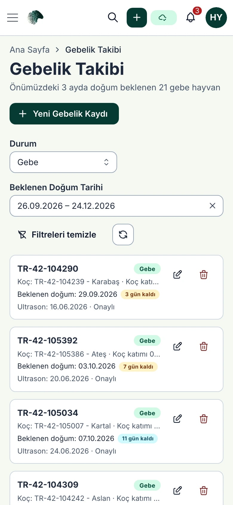 Üreme ekranı: koç katımları, gebelikler ve doğumlar