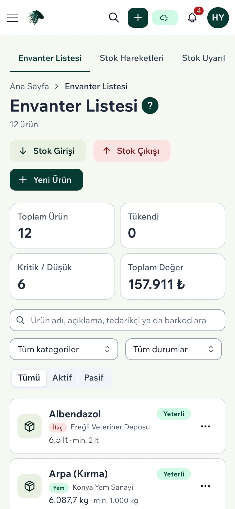 Envanter listesi: mevcut stok, kritik seviye ve stok değeri